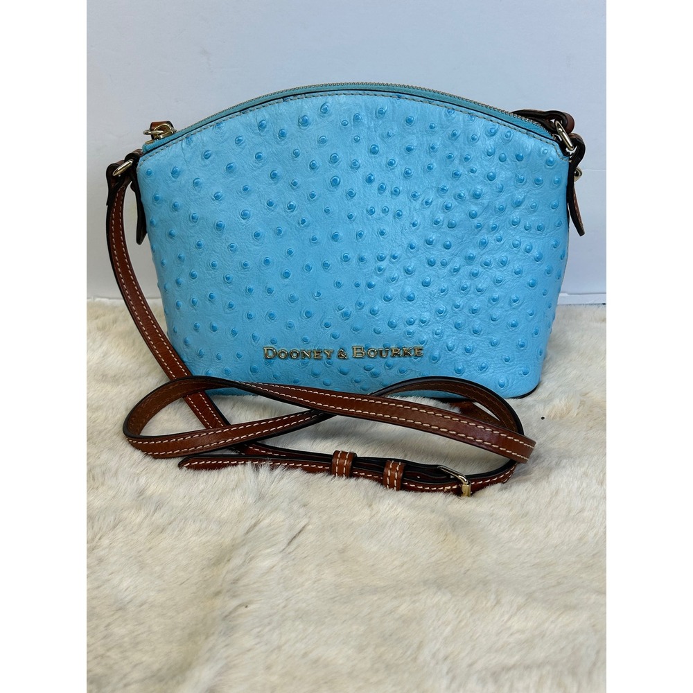 Dooney & Bourke Ostrich Embossed Leather Crossbody Bag Blue Brown Trim